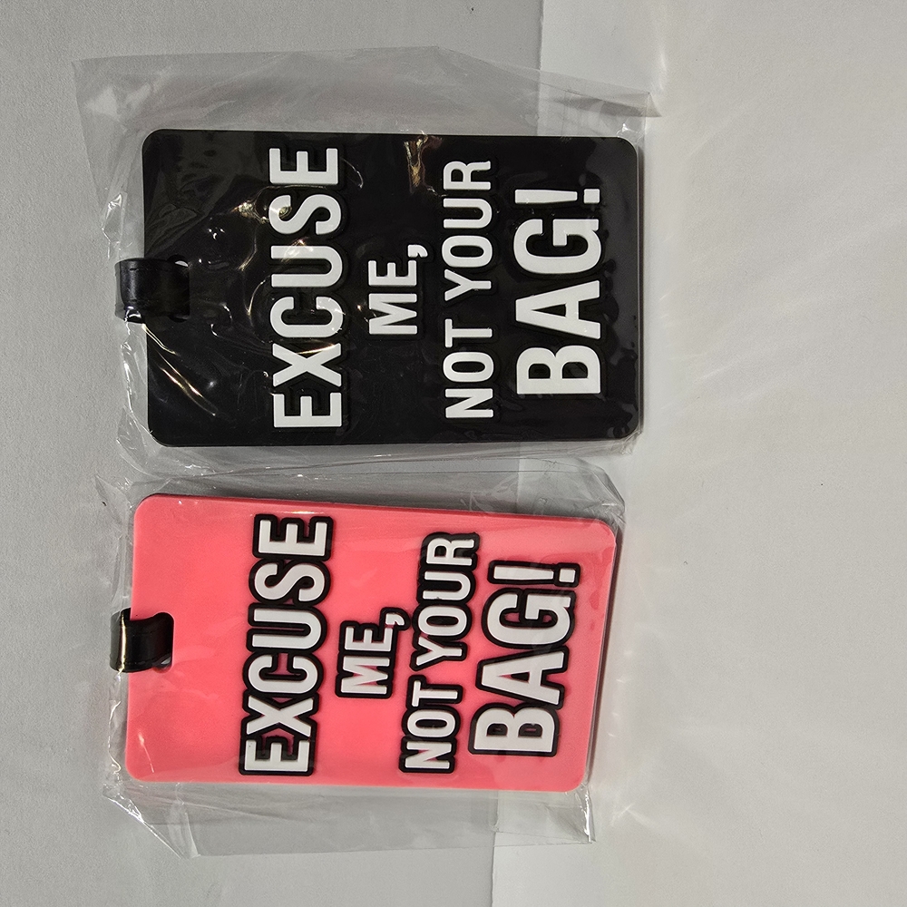 Humorous Black and Pink Luggage Tags with Bold Text